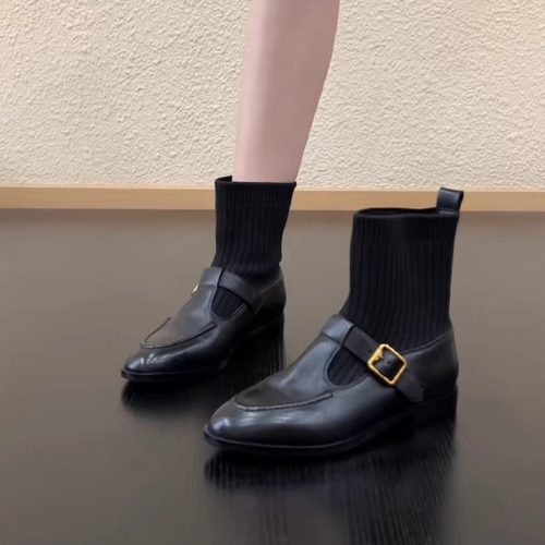 英伦风牛皮弹力袜靴女黑色显瘦