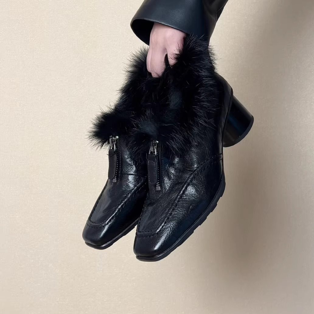 RubyL/5cm设计感前拉链毛毛鞋女优雅方头羊皮粗跟深口加绒单鞋,女鞋,深口单鞋,淘宝优惠券,粉丝福利购,淘宝优惠卷