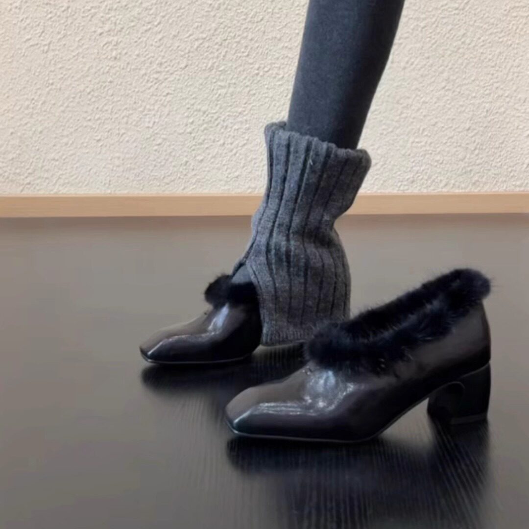 RubyL/5.2cm时尚百搭气质方头毛毛皮鞋复古羊皮加绒保暖粗跟单鞋,女鞋,深口单鞋,淘宝优惠券,粉丝福利购,淘宝优惠卷