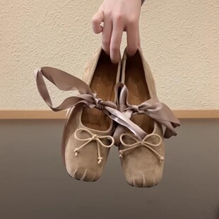 方头羊皮蝴蝶结浅口玛丽珍单鞋 法式 2cm可拆卸丝带芭蕾舞鞋 RubyL