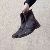 RubyL 2.5cm复古圆头运动风软底低跟后拉链编织羊皮弹力短靴女款