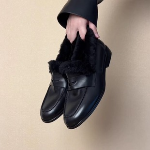 RubyL/2.5cm复古牛皮圆头一脚蹬乐福鞋女加绒保暖百搭毛毛小皮鞋