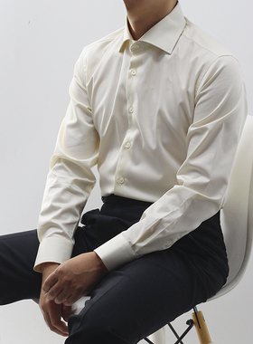 Leo长袖衬衫男士温莎领纯棉商务绅士休闲修身乳白色正装衬衣定制