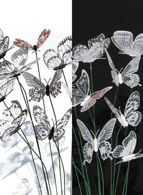 8CM黑白色透明插扦蝴蝶3D立体仿真蝴蝶庭院户外园艺鲜花装饰蝴蝶