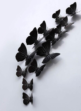 3D立体蝴蝶墙贴纯色黑色仿真蝴蝶电视墙装饰 磁铁配胶款 12只套装