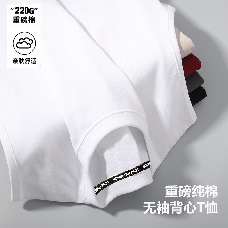 重磅纯棉夏季背心男款宽松圆领t恤港风运动无袖背心健身衣服打底图片