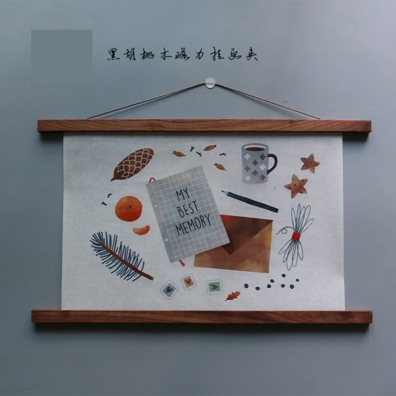 挂历夹子实木磁吸挂画夹照片夹子挂墙挂照片墙夹绳黑胡桃木磁铁挂