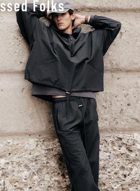 BlessedFolks秋情侣凉感轻薄运动拉链深色拼接风衣外套长短裤