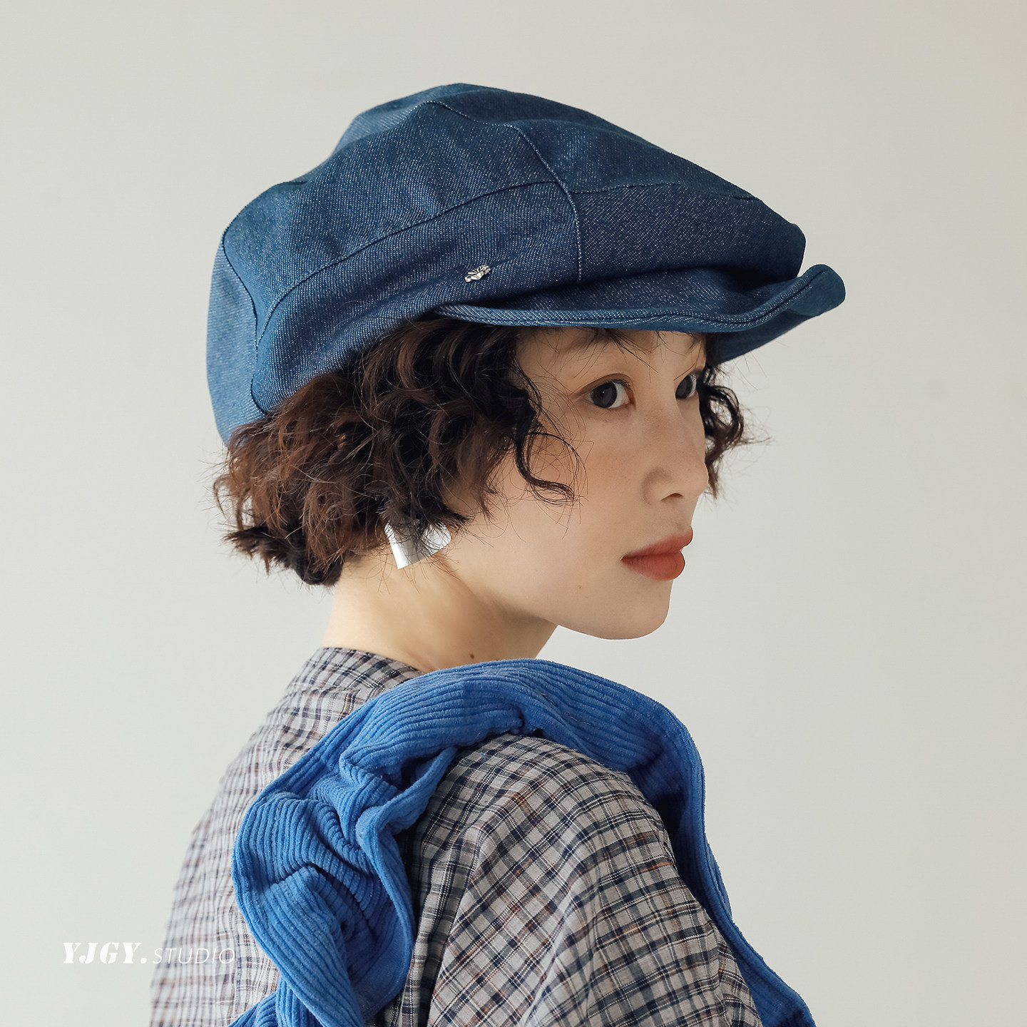 印计谷羽 日系文艺牛仔压褶报童帽女秋冬季显脸小鸭舌帽百搭帽子