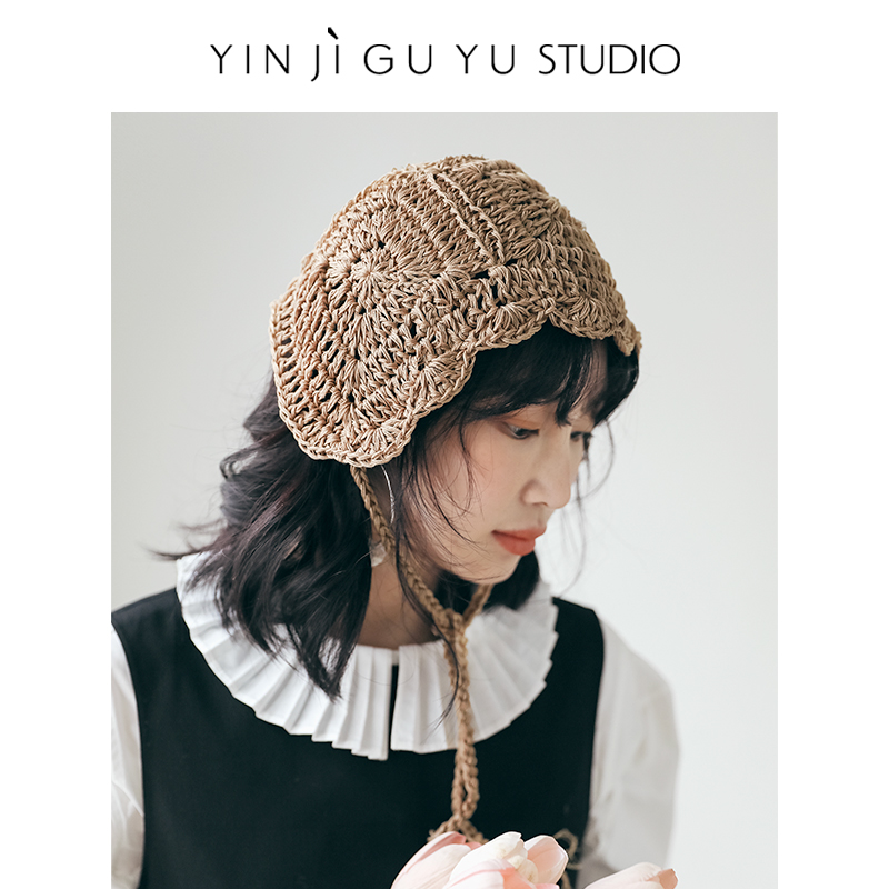 印计谷羽设计师原创日系和纸钩针萝莉帽女春夏新款设计感包头帽子