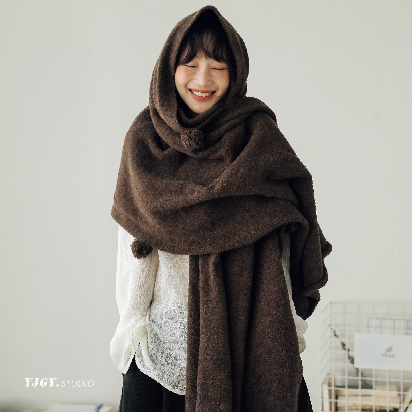 印计谷羽羊毛针织披肩女秋冬季保暖百搭一体式围巾韩版高级感围脖