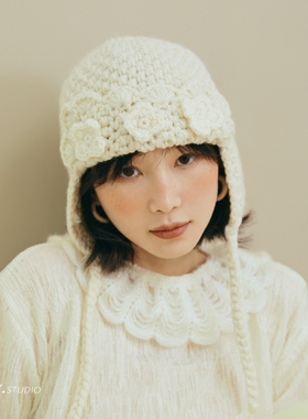 印计谷羽纯羊毛针织包头帽女秋冬