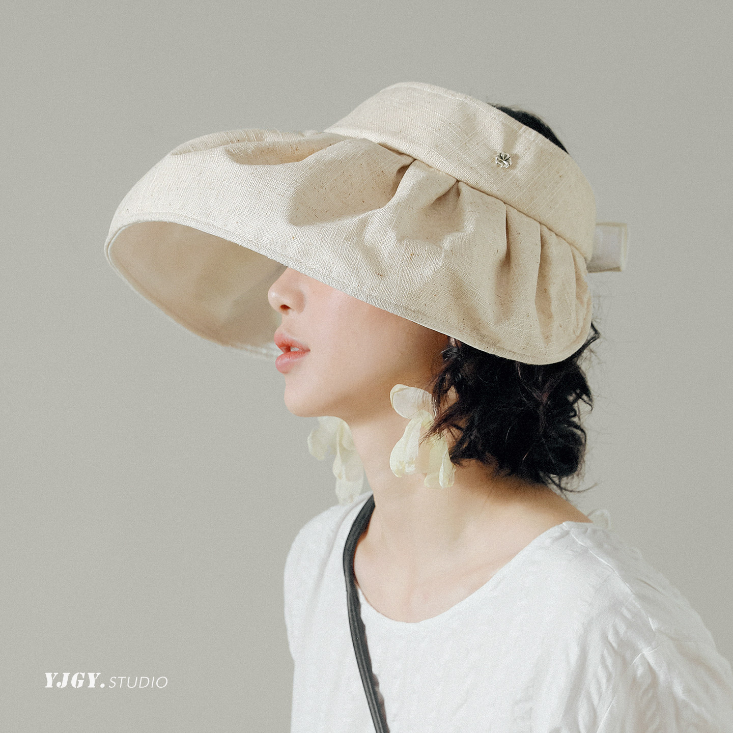 印计谷羽大檐亚麻空顶帽女春夏季防晒遮阳帽可折叠百搭显脸小帽子