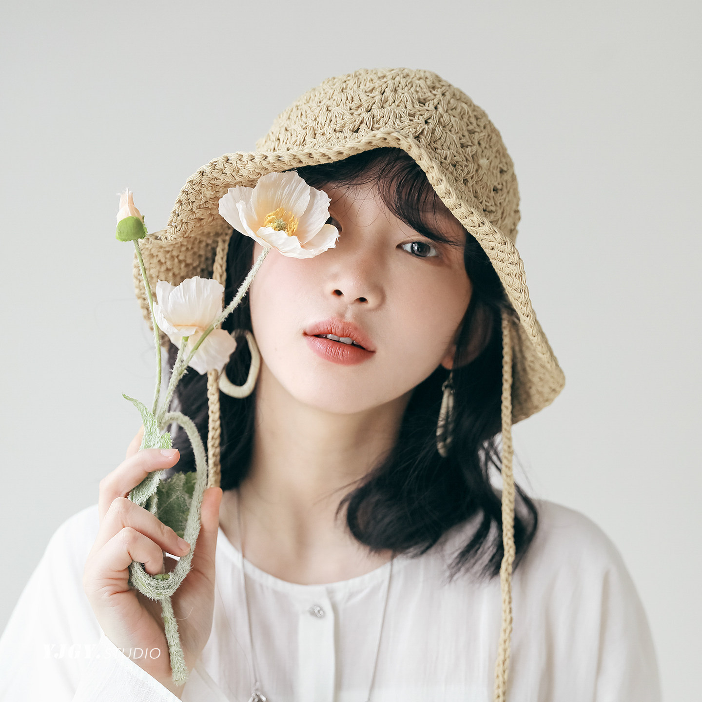 印计谷羽钩针渔夫帽女春夏季度假遮阳防晒帽子显脸小百搭卷边草帽