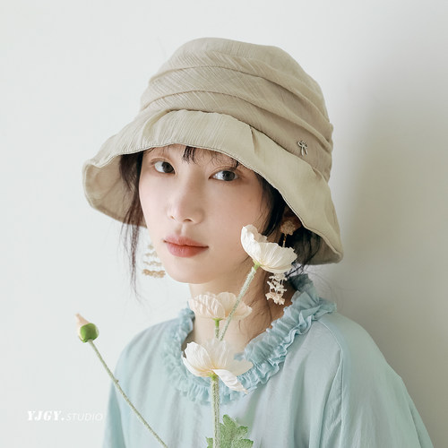 印计谷羽 天丝褶皱渔夫帽女2026夏季新款日系遮阳防晒帽文艺盆帽