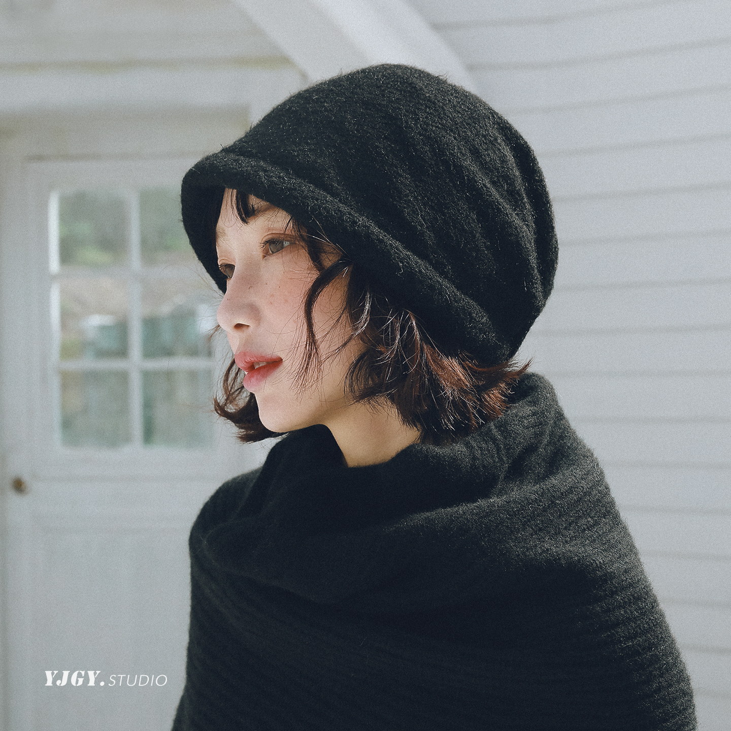 印计谷羽 极简风羊毛包头帽女秋冬季保暖套头堆堆帽护耳针织帽子