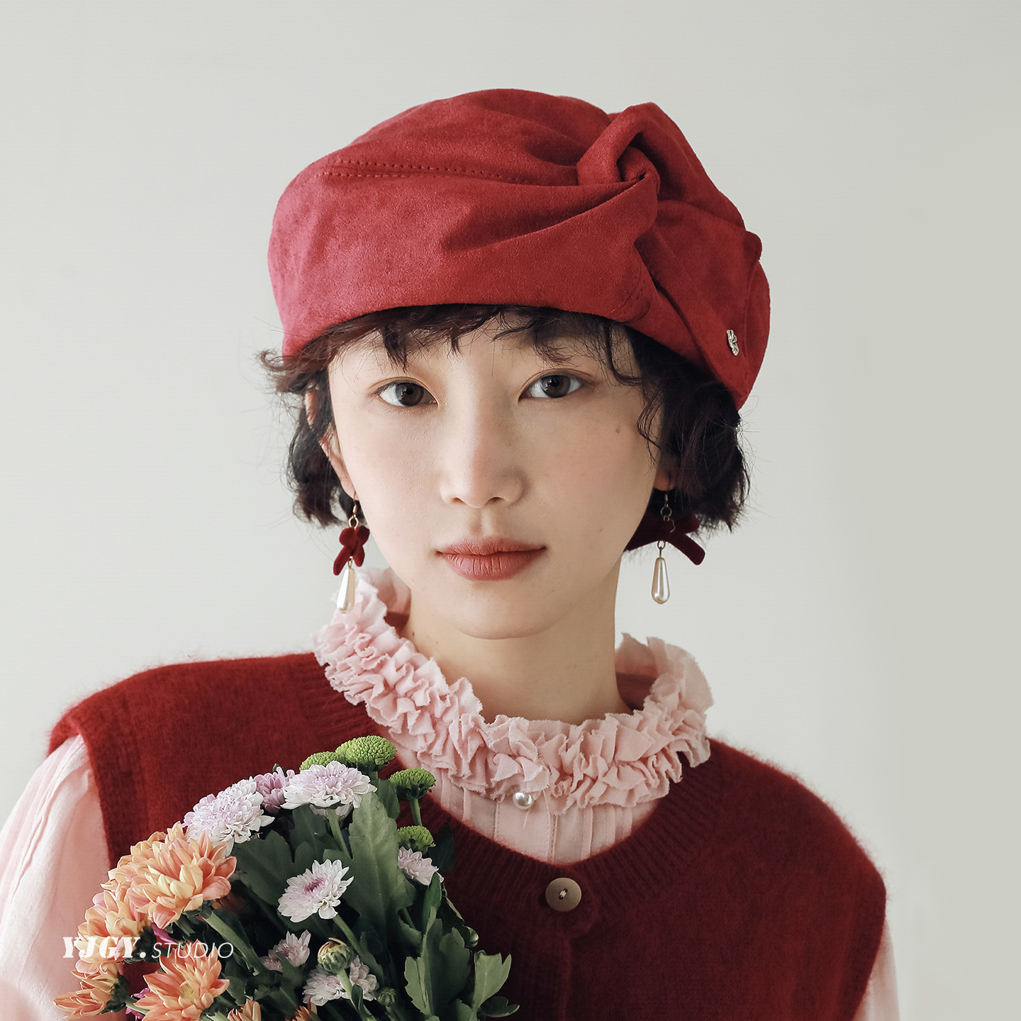 印计谷羽设计师原创麂皮扭结贝雷帽女秋冬文艺画家帽日系复古帽子