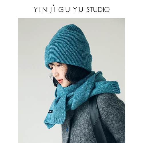 印计谷羽原创款纯羊毛针织帽围巾两件套秋冬天保暖护耳毛线帽子女
