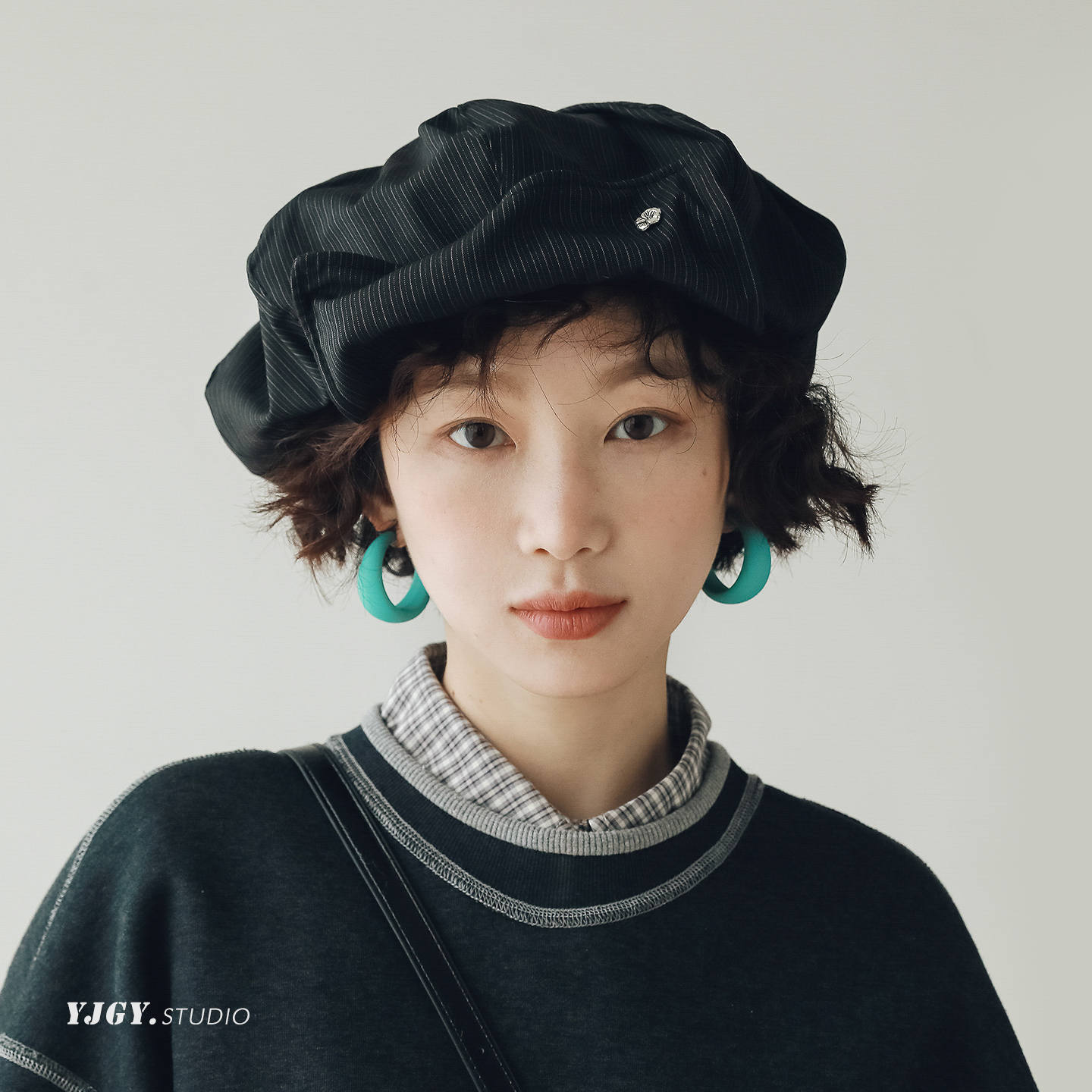 印计谷羽设计师自留条纹云朵帽女秋冬季文艺复古日系报童帽贝雷帽