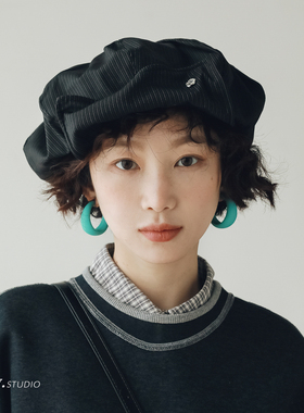 印计谷羽设计师自留条纹云朵帽女春夏季文艺复古日系报童帽贝雷帽