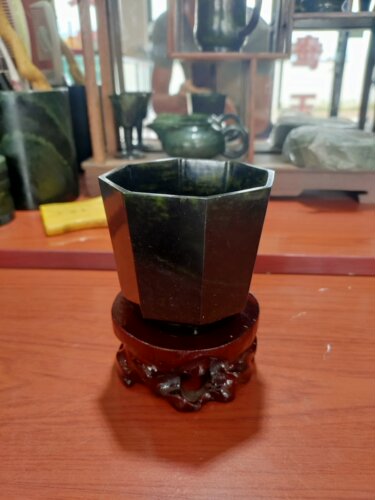 十六年老店静云轩夜光杯新品八角杯祁连墨玉纯手工雕刻玉石杯子