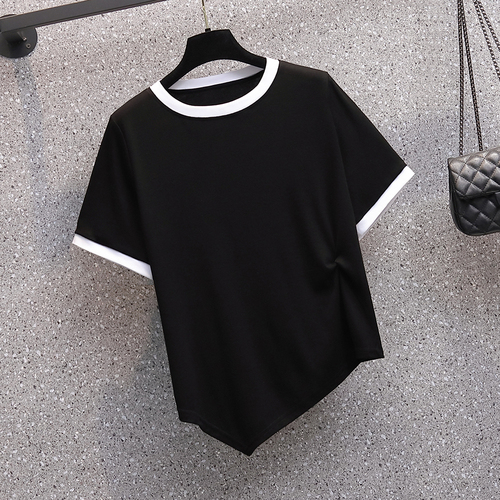 Real shot 2022 summer clothes new fat mm fashion versatile thin asymmetric kink short sleeve T-shirt