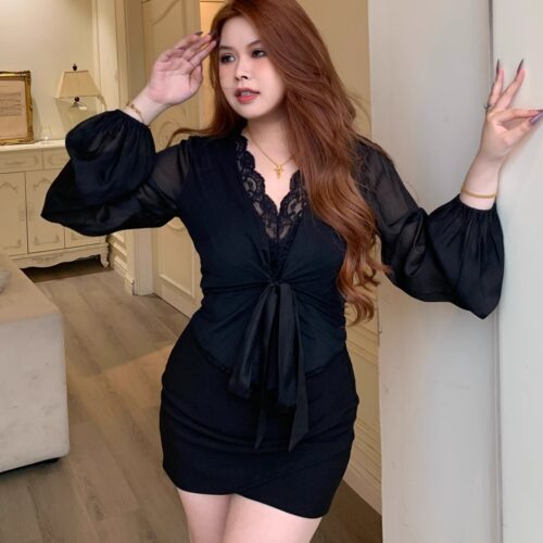 夜幕蝴蝶 网纱带里衬拼接蕾丝花边绑带设计透气长袖上衣女G125