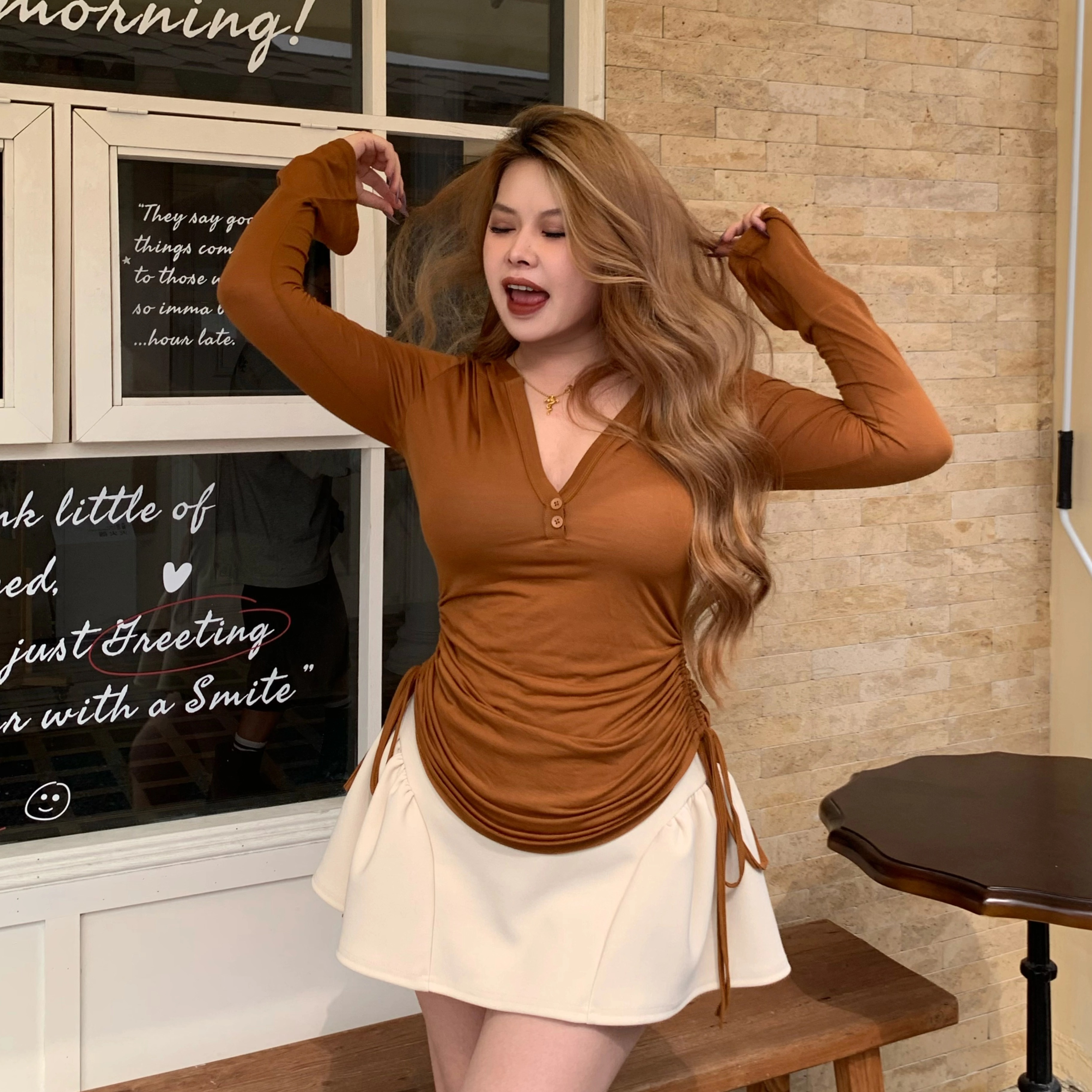 【面膜帽衫】 纯欲收腰连帽设计上衣夏日薄款透气长袖T恤女G101