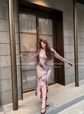 时髦精 美式辣妹y2k御姐风豹纹开叉设计修身微胖显瘦连衣裙G521