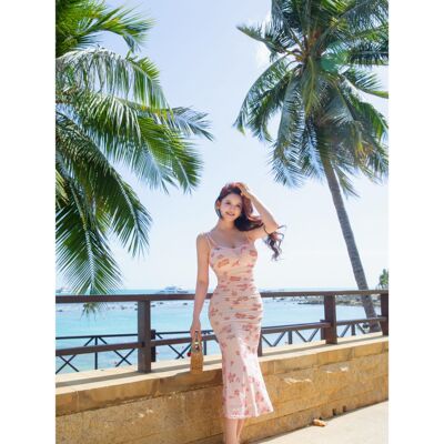 夏日甜梦 印花气质辣妹收腰修身显瘦开叉长短款连衣裙女G061/62