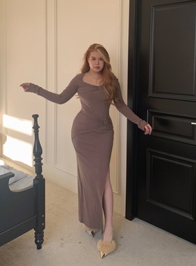 【野生荔枝】一路向北 气质轻奢褶皱开叉修身长袖连衣裙女G012