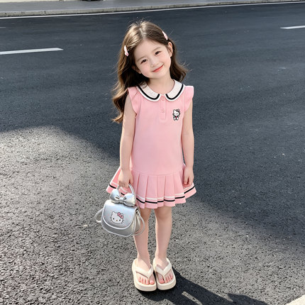 甜美风女童连衣裙2026夏季卡通短袖中长裙粉色Polo领连衣裙