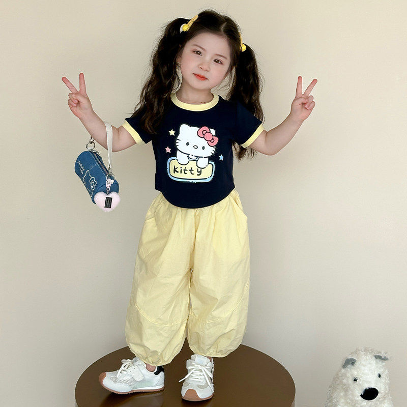 女童卡通猫咪短袖套装洋气休闲灯笼裤中小童女2026新款夏装两件套