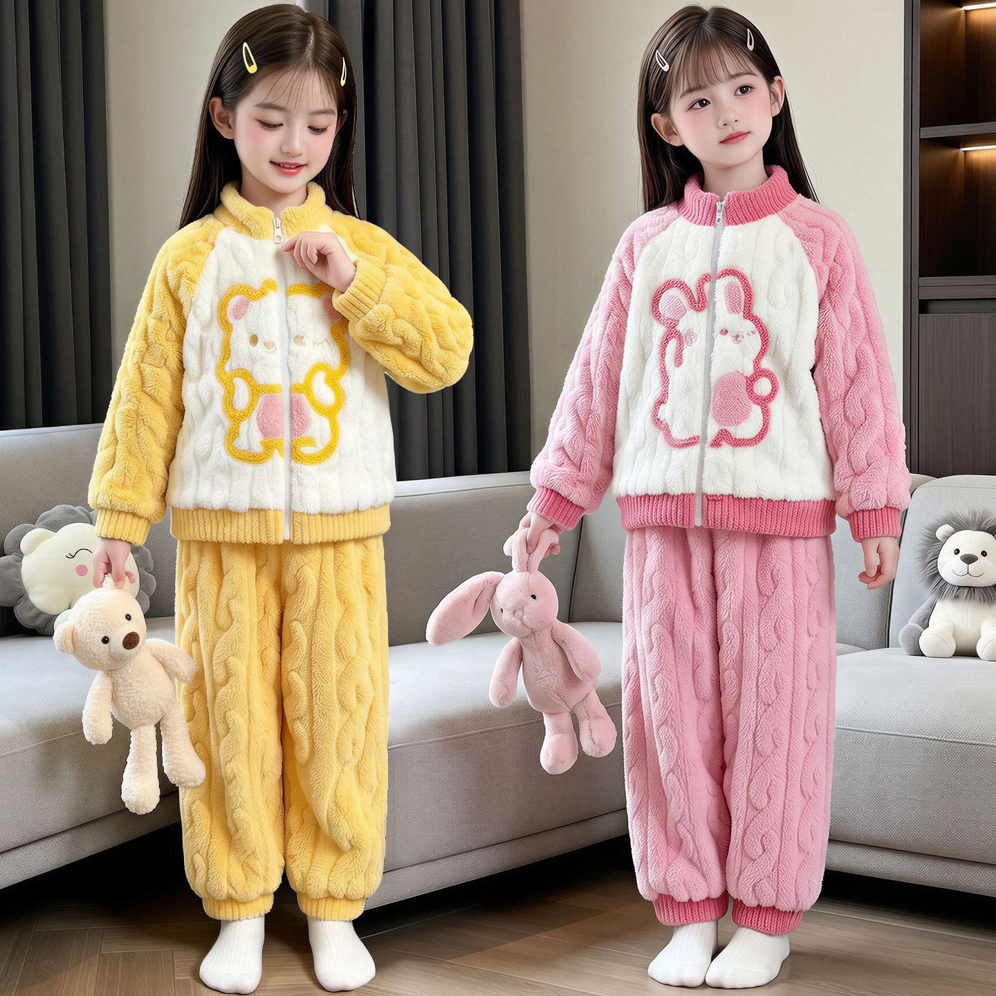 女童法兰绒加厚秋冬款卡通家居服