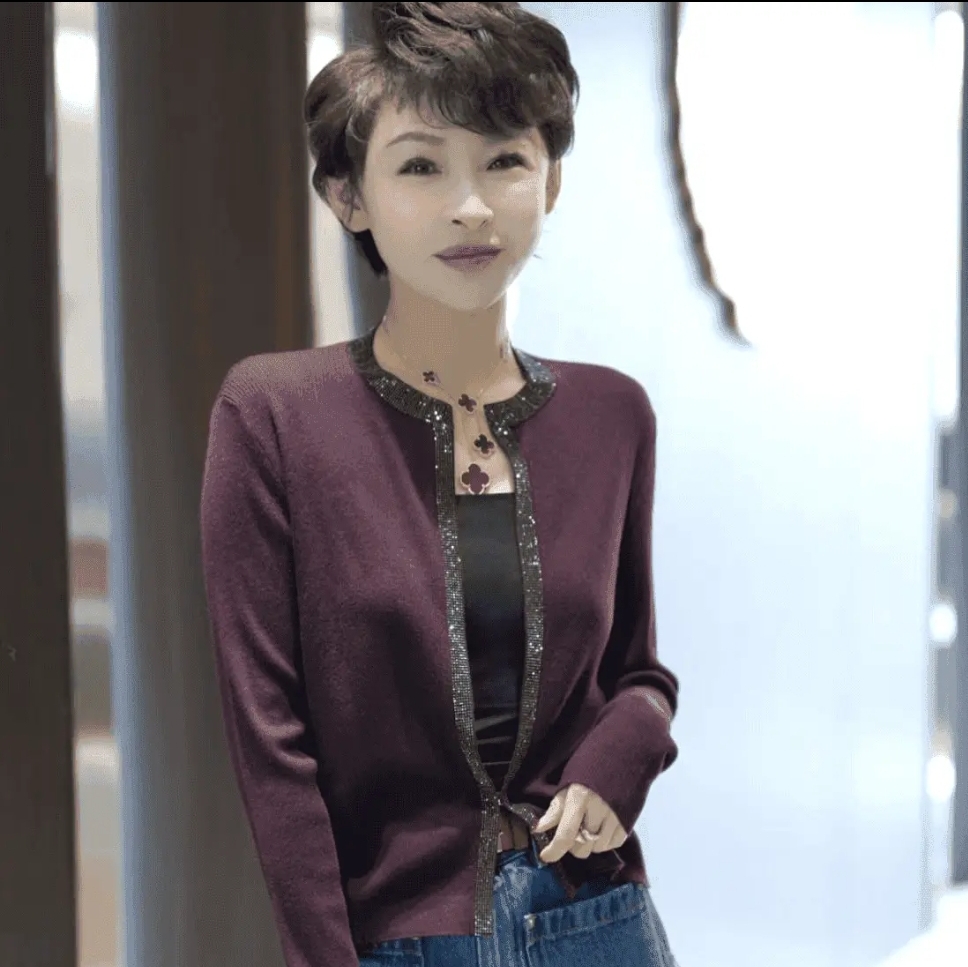 鄂尔多斯市产针织衫薄款羊毛女圆领开衫毛衣春秋打底衫羊长袖女