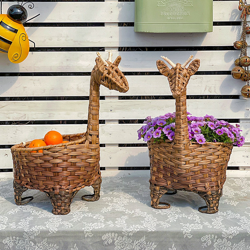 纯手工仿藤编小鹿收纳筐果篮 童趣动物造型客厅装饰摆件 杂物收纳