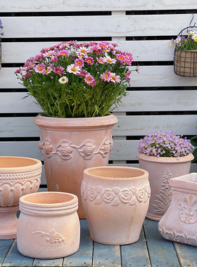 做旧复古雾化红陶花园阳台庭院花卉种植透气耐用纯手工粗陶花盆