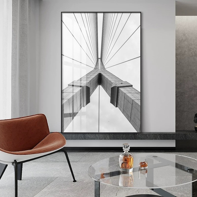 黑白客厅视觉空间桥梁装饰画轻奢意式玄关建筑现代样板房软装挂画