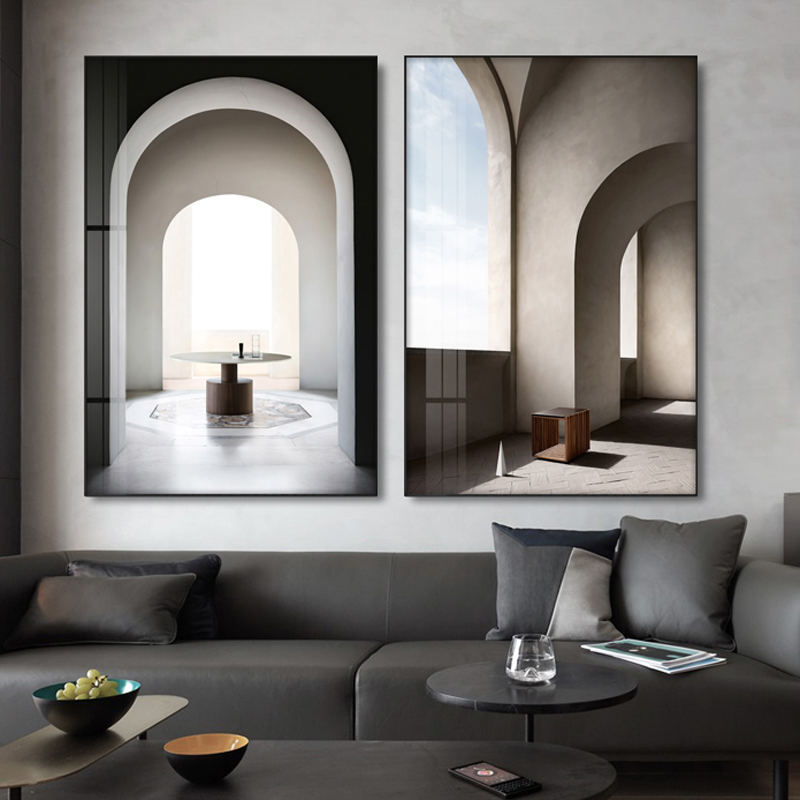 莫兰迪灰色高级感建筑装饰画轻奢客厅玄关现代简约空间延伸感挂画图片