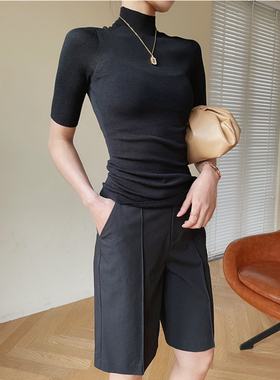 SOUL JUC亲肤美丽诺无缝一体羊毛衫短袖半高领薄款显瘦针织上衣