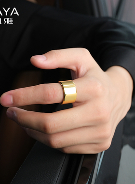镀黄金扳指宽版钨金戒指男士指环宽面大光板钨钢光面板戒食指个性