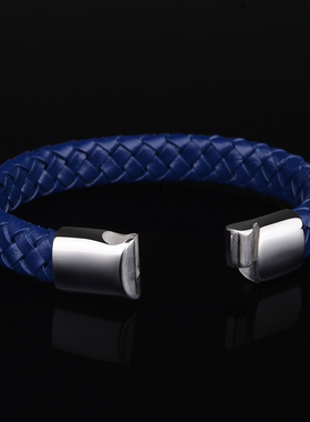 飒雅蓝色牛皮手链男士简约百搭时尚钛钢手串编织手环饰品生日礼物