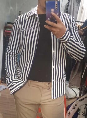 条纹衬衫男纯棉秋季男士衬衣长袖修身韩版休闲蓝黑竖条纹抗皱寸衫