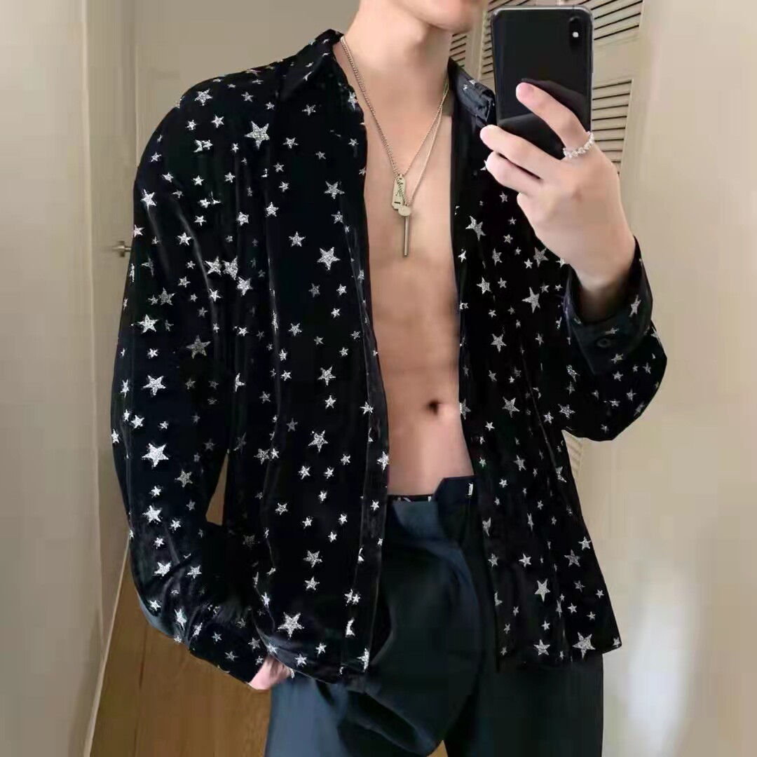 秋冬黑衬衫反光星星流行男士长袖金丝绒休闲帅气百搭高级质感衬衣