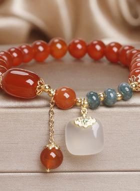 新中式天然红玛瑙无事牌吊坠手链