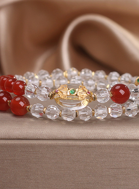 本命年红玛瑙白水晶手链女新中式