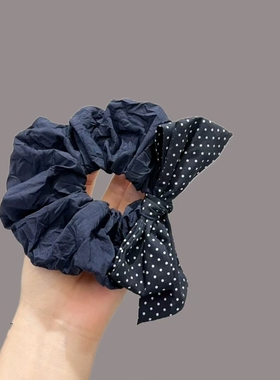 韩系简约百搭蓝色双层波点蝴蝶结大肠发圈女设计感马尾头绳