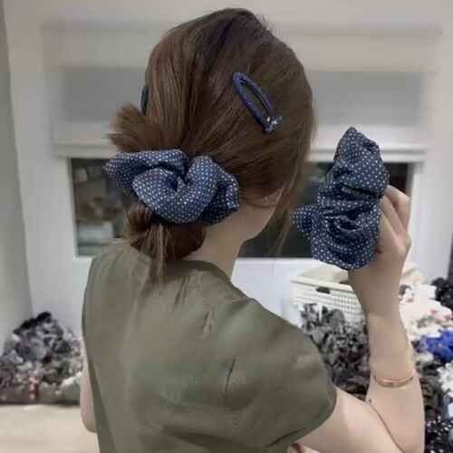 森系复古布艺藏蓝波点大肠发圈双层高质感波点发夹韩系少女发饰