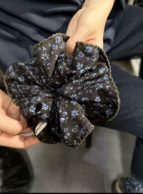 韩国发饰2025秋冬新款布艺咖啡色蓝黑色小碎花印花发圈大肠圈