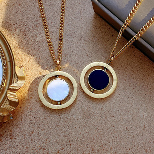 新款金色旋转罗马数字圆盘毛衣链黑白双面贝壳项链网红个性百搭女